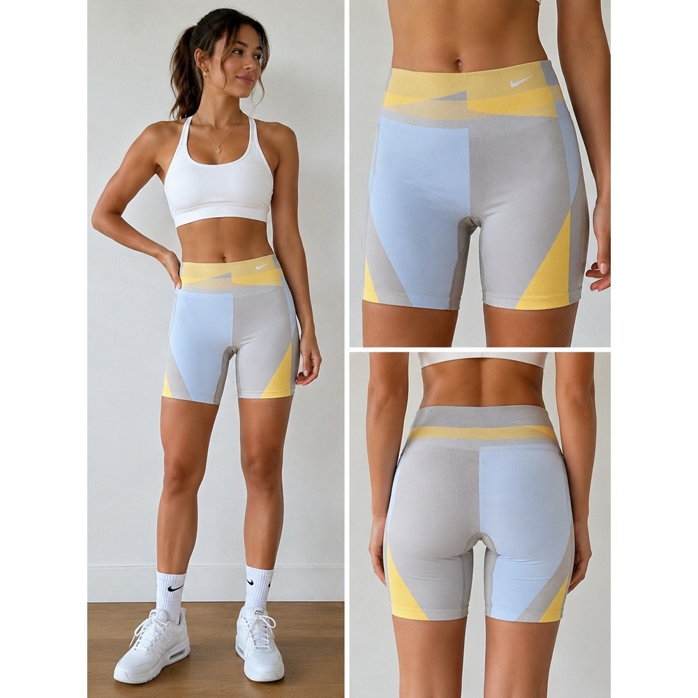 Nike Biker Shorts Colorblock Geometric Dri-FIT Athletic‎ Activewear Yellow Tan M